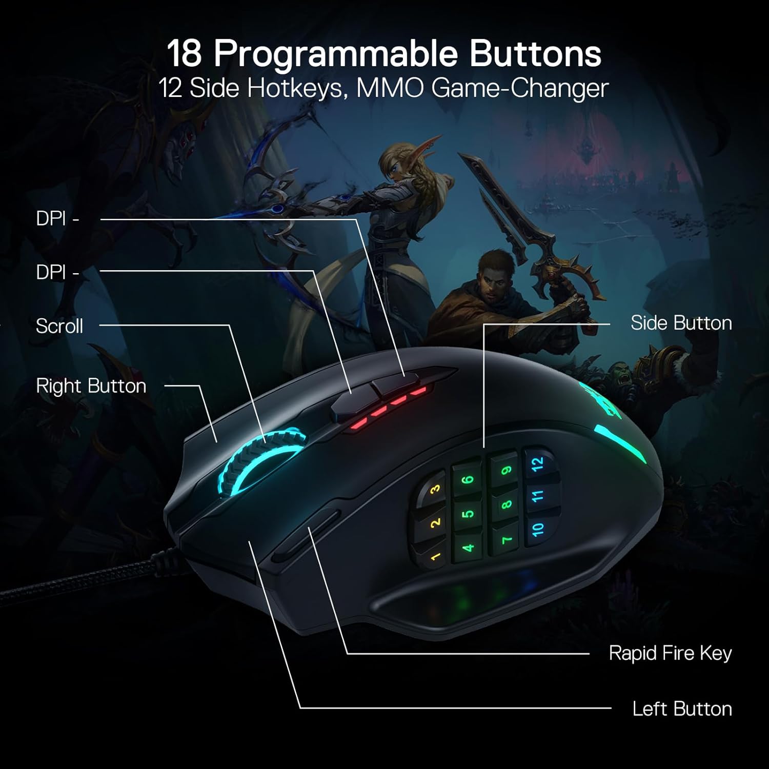 Redragon M908 Wired MMO RGB Gaming Mouse 12400 DPI Remapping Keys | Stable Lag-Free Connection, Redefine Keybinding Macro, Vibing Backlight, Ergonomic Grip Body Comfort - Image 4