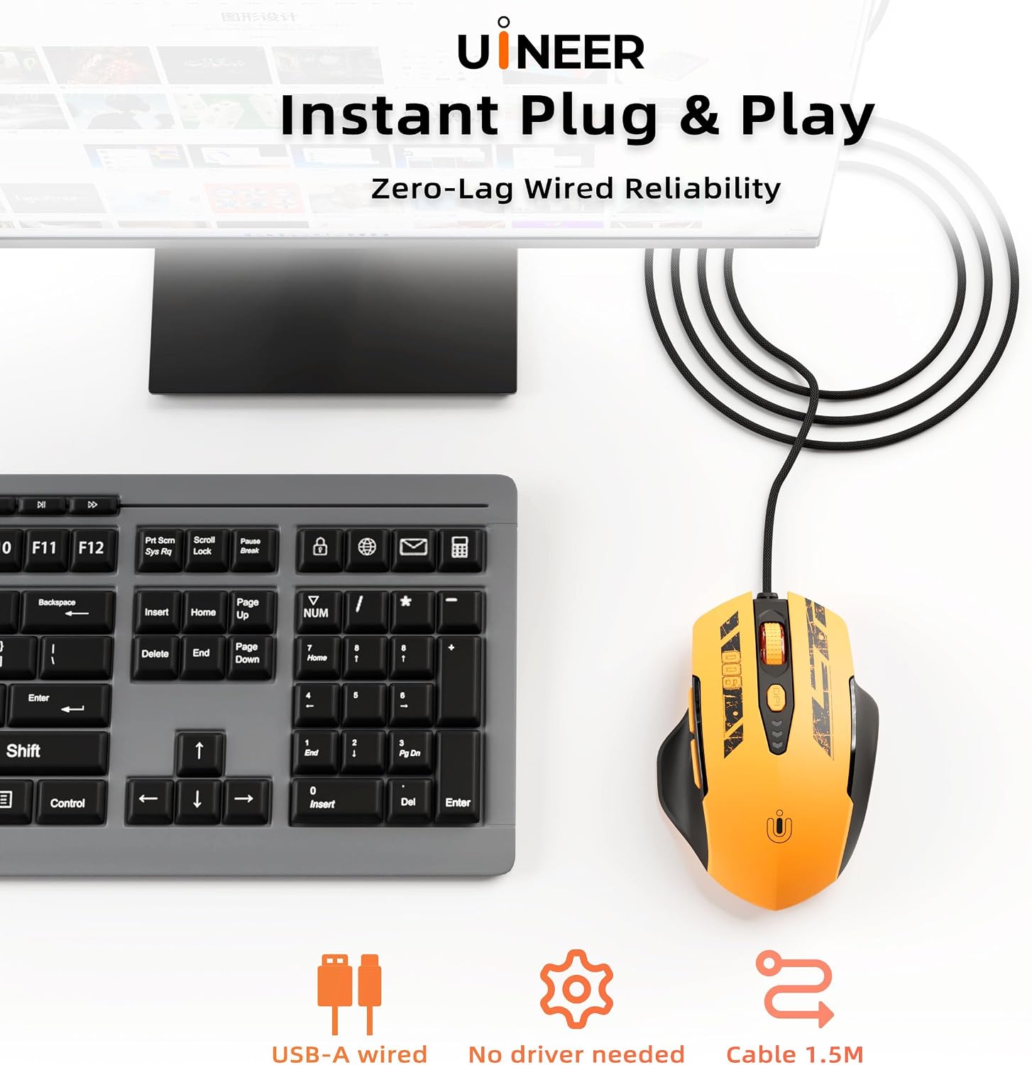 Uineer Wired Gaming Mouse, USB-A Mouse with 6 Programmable Buttons | Adjustable DPI up to 7200 ,RGB Lighting, ,Ergonomic Grip, Plug and Play for PC Gaming, Office, Laptop - Image 2