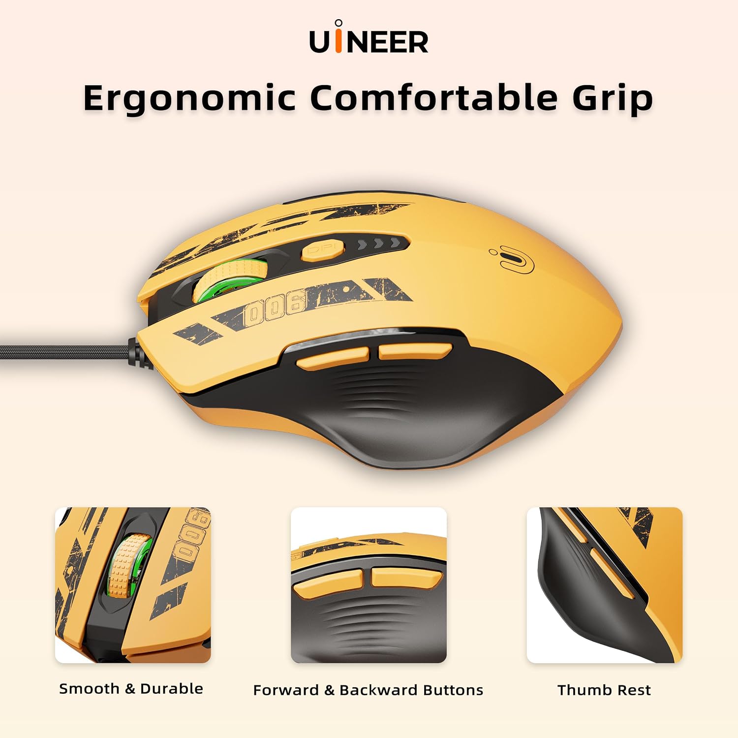 Uineer Wired Gaming Mouse, USB-A Mouse with 6 Programmable Buttons | Adjustable DPI up to 7200 ,RGB Lighting, ,Ergonomic Grip, Plug and Play for PC Gaming, Office, Laptop - Image 3