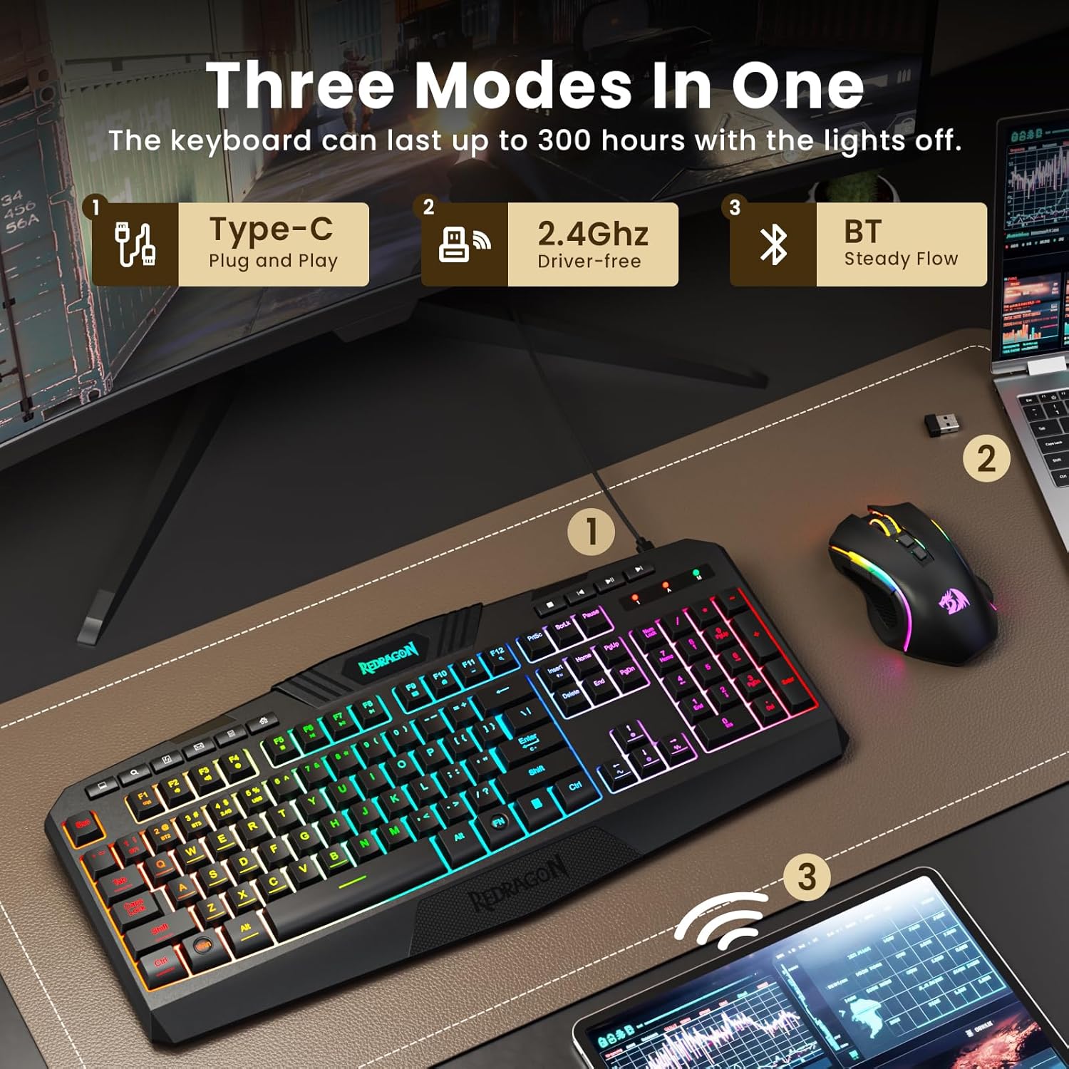 Redragon S101M-KS Gaming Keyboard and Mouse Wireless with Tri-Mode, RGB Keyboard and 4800 DPI Gaming Mouse, 10 Independent Multimedia Keys for Wins, PC, Computer, Wireless S101 Ideal for Gamer - Image 2