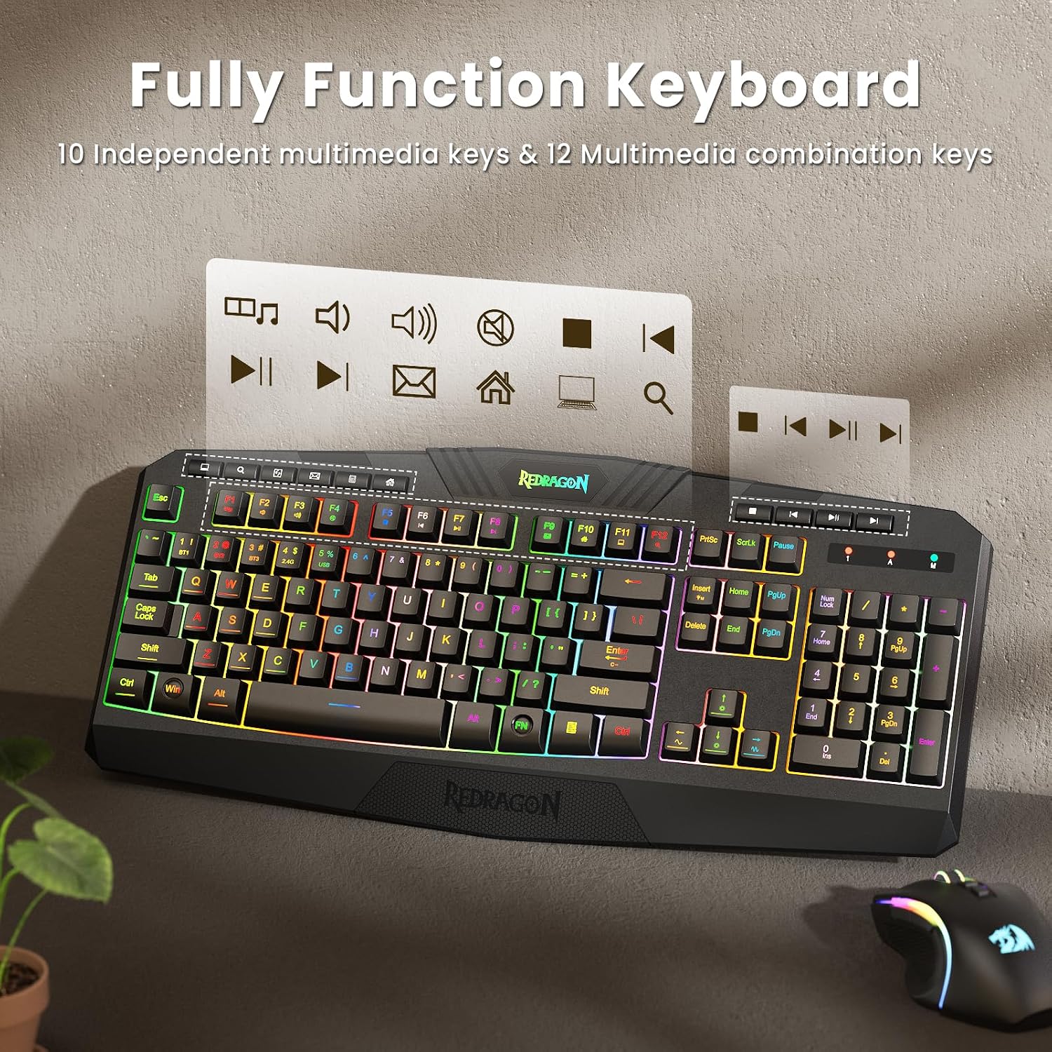 Redragon S101M-KS Gaming Keyboard and Mouse Wireless with Tri-Mode, RGB Keyboard and 4800 DPI Gaming Mouse, 10 Independent Multimedia Keys for Wins, PC, Computer, Wireless S101 Ideal for Gamer - Image 6