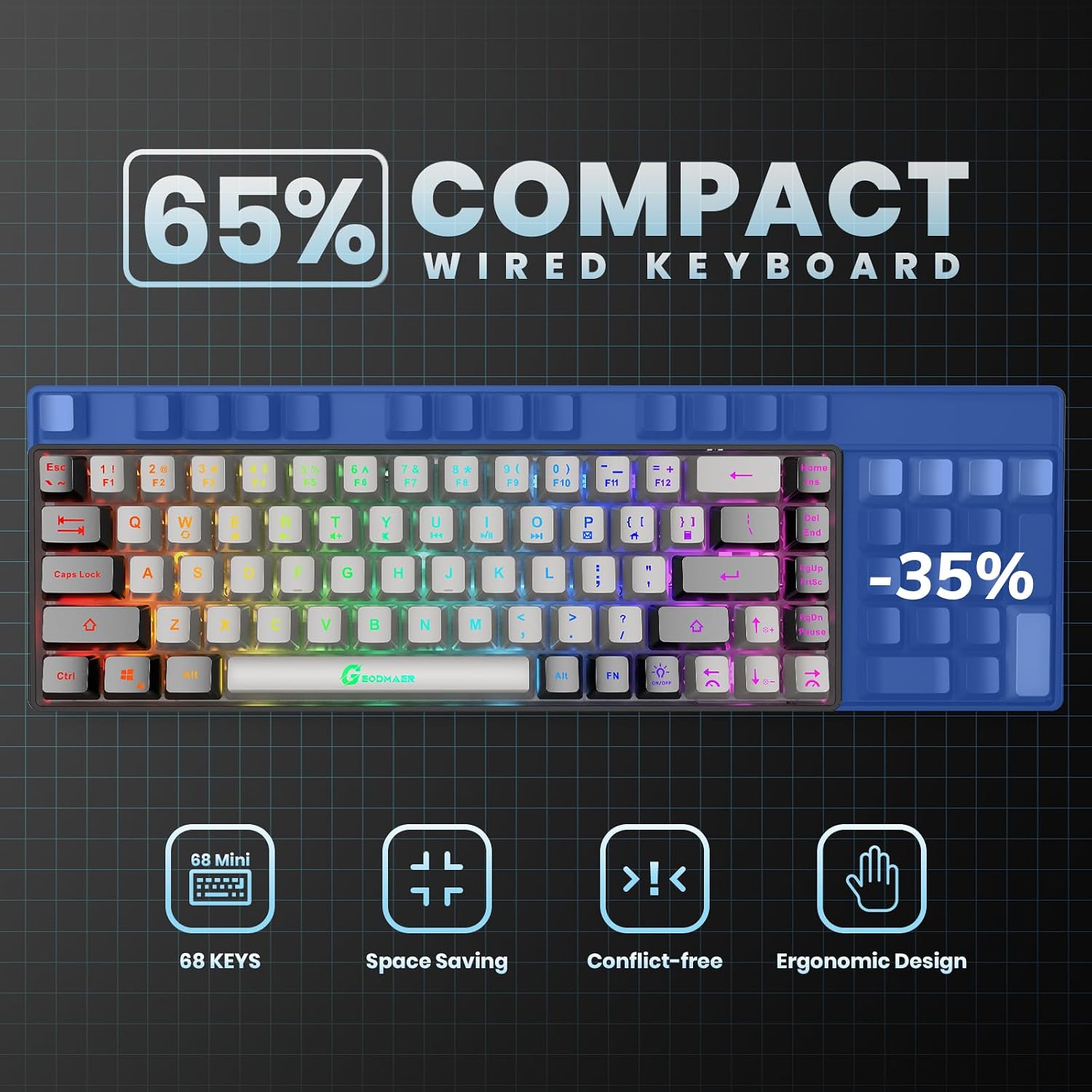 GEODMAER 65% Gaming Keyboard, Wired Backlit Mini Keyboard, Ultra-Compact Anti-Ghosting No-Conflict 68 Keys Membrane Gaming Wired Keyboard for PC Laptop Windows Gamer - Image 4