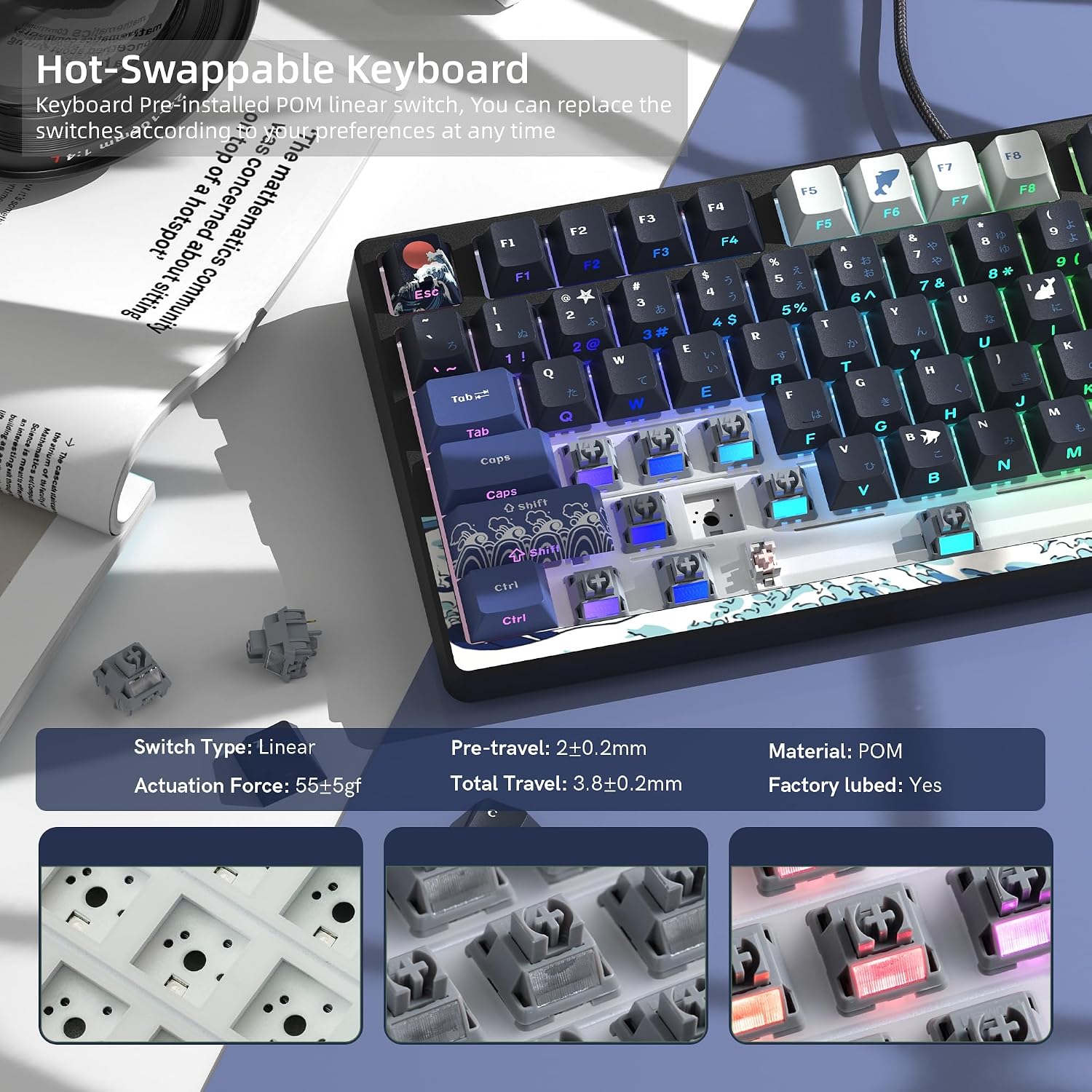Womier SK80 75% Keyboard with Color Multimedia Display Gaming Keyboard | Creamy Sound Mechanical Wired Hot Swappable Gasket RGB Custom Key board, Pre-lubed Stabilizer for Mac/Win, Black Kanagawa - Image 3