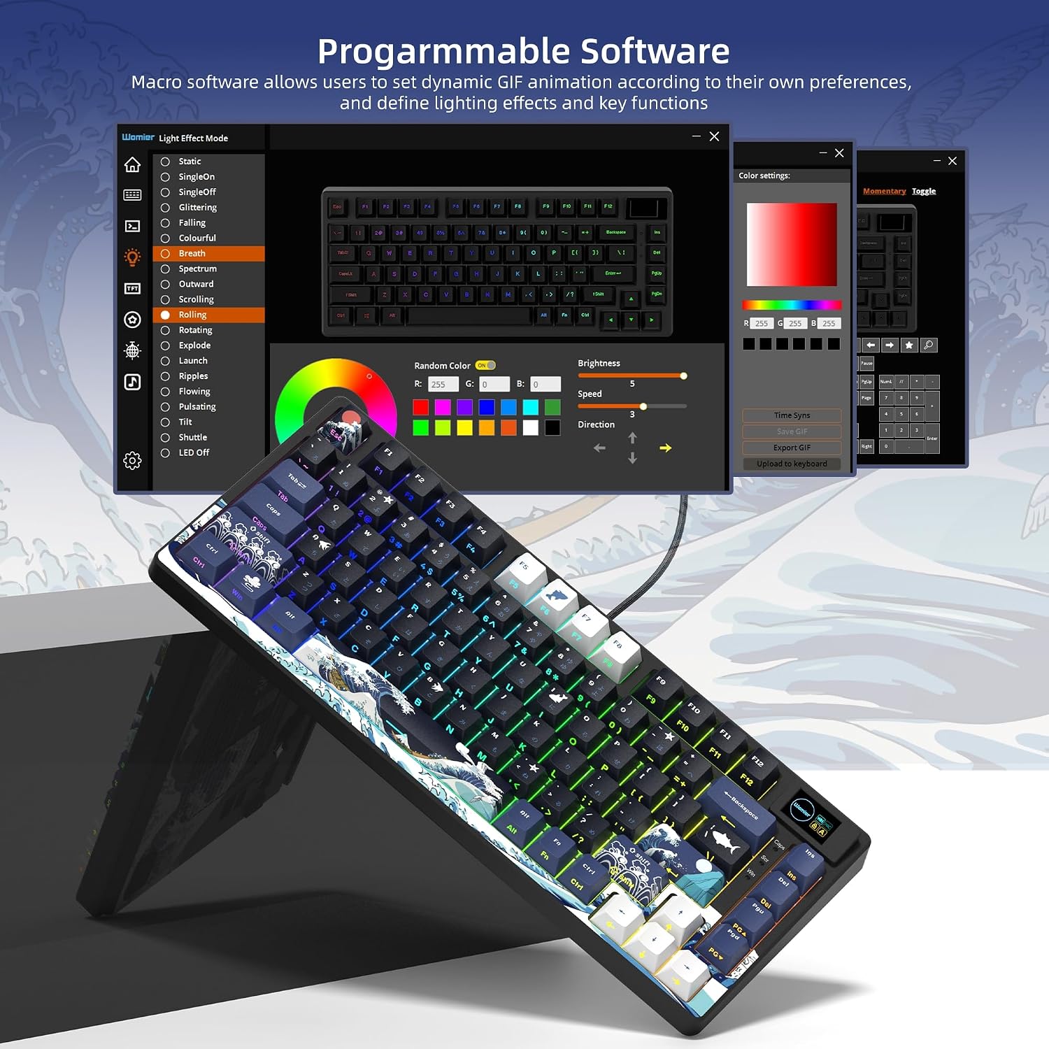 Womier SK80 75% Keyboard with Color Multimedia Display Gaming Keyboard | Creamy Sound Mechanical Wired Hot Swappable Gasket RGB Custom Key board, Pre-lubed Stabilizer for Mac/Win, Black Kanagawa - Image 5