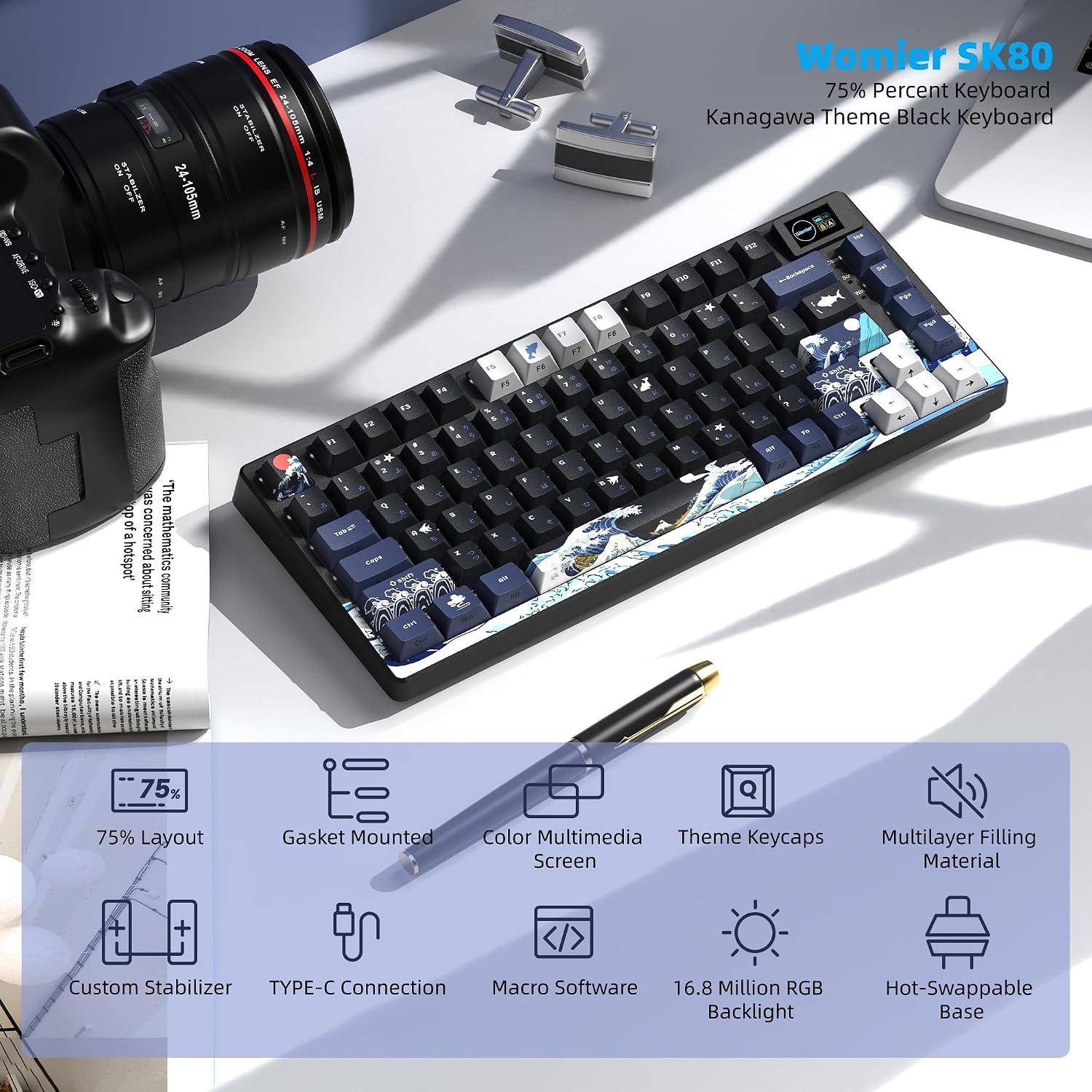 Womier SK80 75% Keyboard with Color Multimedia Display Gaming Keyboard | Creamy Sound Mechanical Wired Hot Swappable Gasket RGB Custom Key board, Pre-lubed Stabilizer for Mac/Win, Black Kanagawa - Image 6