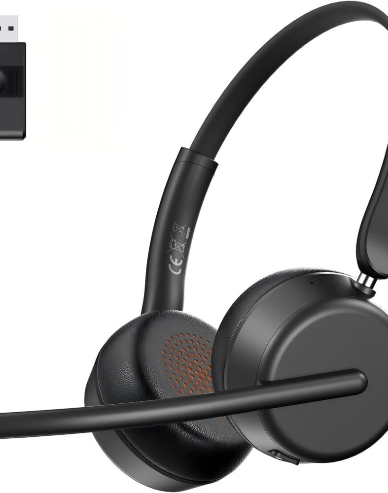 AOC Wireless Headset with Mic for Work, Bluetooth 5.4 Headphones-Dark Black | AI Noise-Canceling Mic for Clear Calls, Computer Headset with Mic Mute & USB A/C Dongle for PC, Computer, Laptop