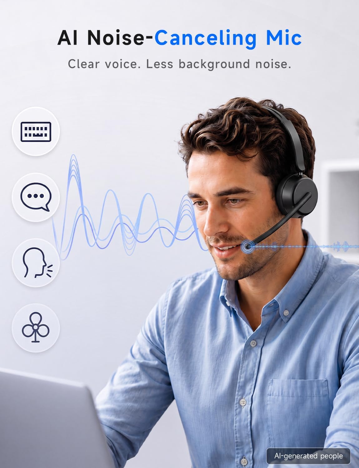 AOC Wireless Headset with Mic for Work, Bluetooth 5.4 Headphones-Dark Black | AI Noise-Canceling Mic for Clear Calls, Computer Headset with Mic Mute & USB A/C Dongle for PC, Computer, Laptop - Image 2