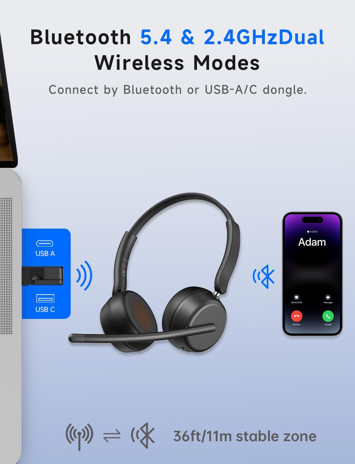 AOC Wireless Headset with Mic for Work, Bluetooth 5.4 Headphones-Dark Black | AI Noise-Canceling Mic for Clear Calls, Computer Headset with Mic Mute & USB A/C Dongle for PC, Computer, Laptop - Image 3
