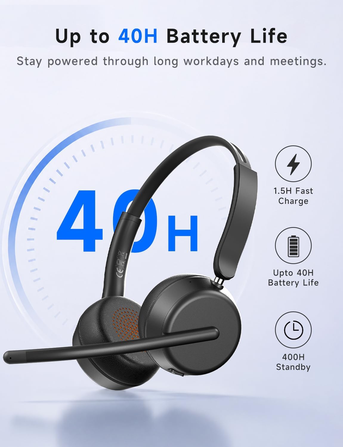 AOC Wireless Headset with Mic for Work, Bluetooth 5.4 Headphones-Dark Black | AI Noise-Canceling Mic for Clear Calls, Computer Headset with Mic Mute & USB A/C Dongle for PC, Computer, Laptop - Image 6