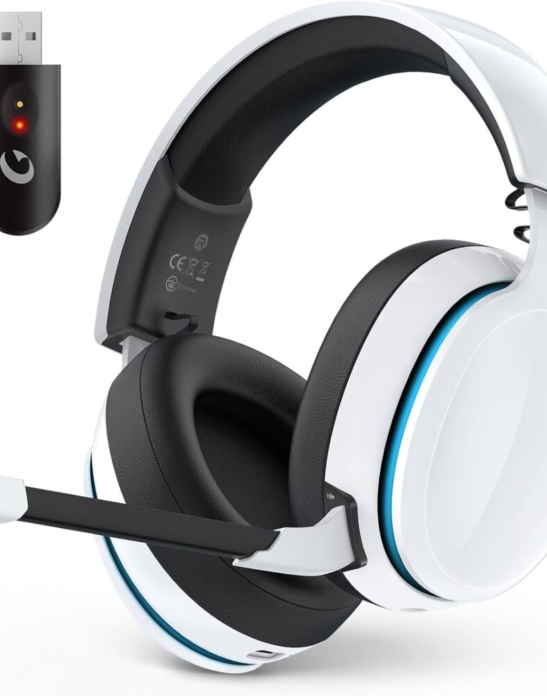 AOC 2.4GHz Wireless Gaming Headset for PS5, PS4, PC, Switch, 45Hr, White | Bluetooth 6.0 Gaming Headphones with Noise Canceling Mic, 7.1 Virtual Surround, Great for Fortnite & Call of Duty/FPS Gamers