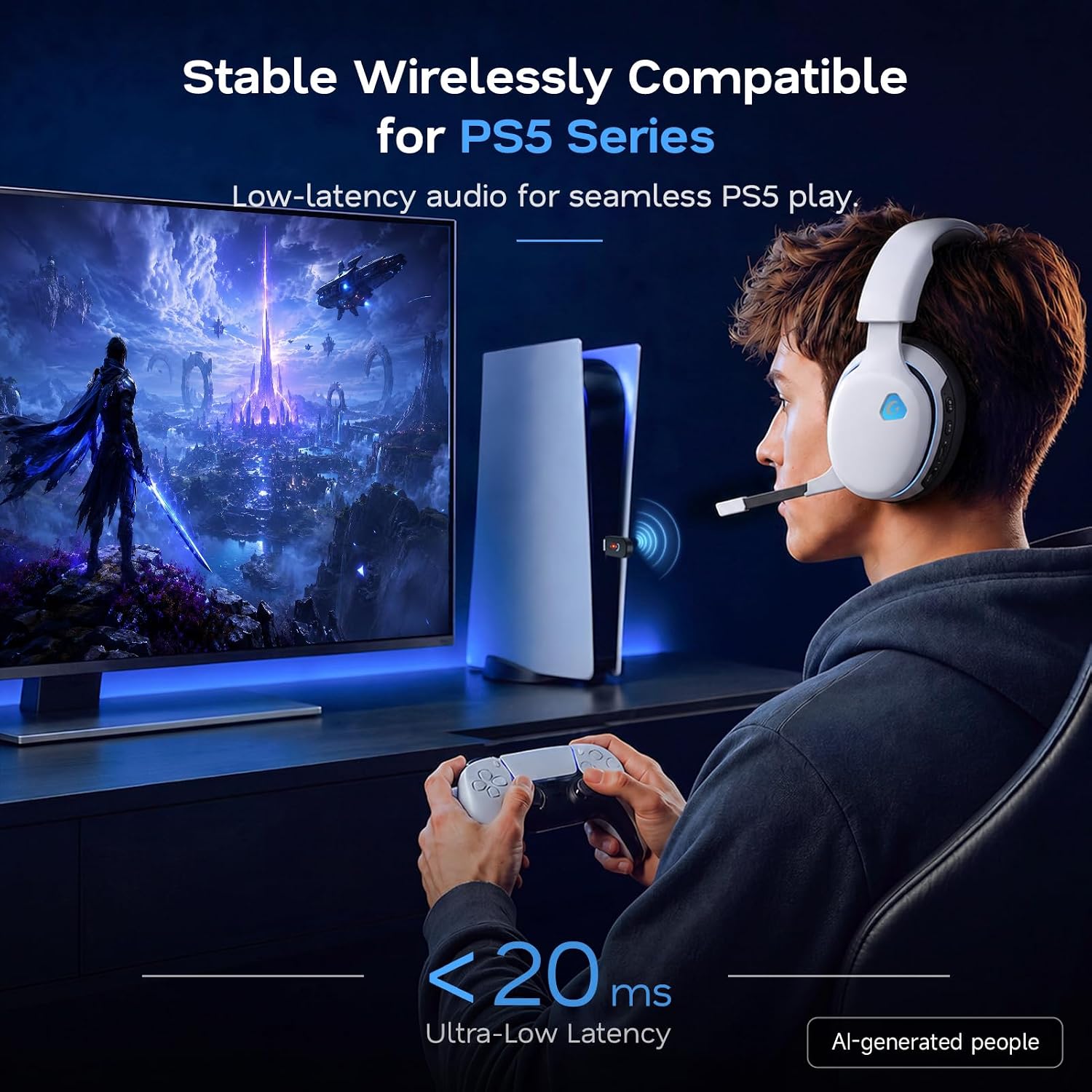 AOC 2.4GHz Wireless Gaming Headset for PS5, PS4, PC, Switch, 45Hr, White | Bluetooth 6.0 Gaming Headphones with Noise Canceling Mic, 7.1 Virtual Surround, Great for Fortnite & Call of Duty/FPS Gamers - Image 2