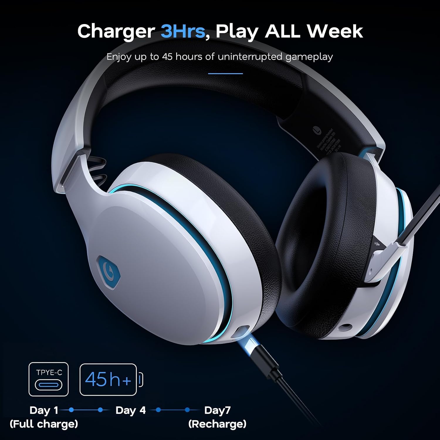 AOC 2.4GHz Wireless Gaming Headset for PS5, PS4, PC, Switch, 45Hr, White | Bluetooth 6.0 Gaming Headphones with Noise Canceling Mic, 7.1 Virtual Surround, Great for Fortnite & Call of Duty/FPS Gamers - Image 6
