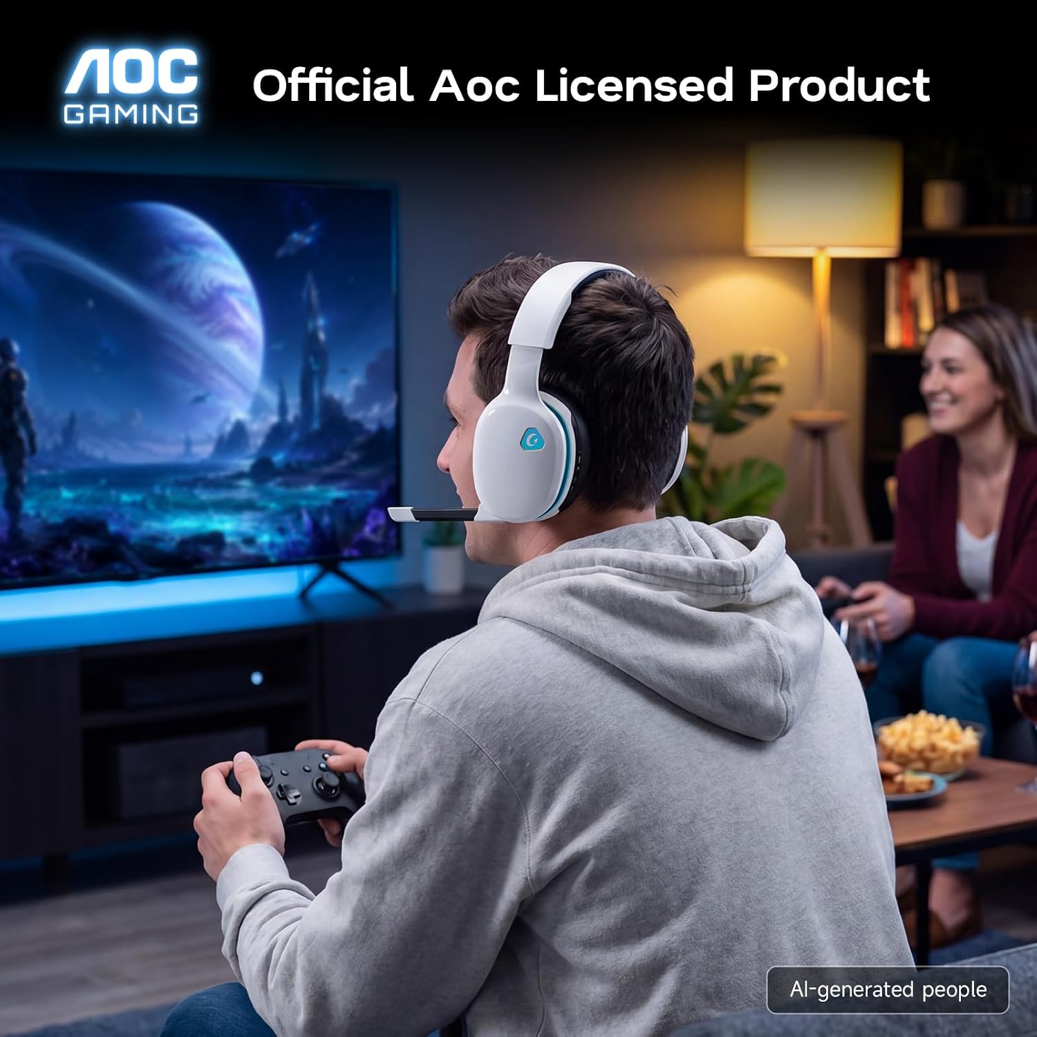 AOC 2.4GHz Wireless Gaming Headset for PS5, PS4, PC, Switch, 45Hr, White | Bluetooth 6.0 Gaming Headphones with Noise Canceling Mic, 7.1 Virtual Surround, Great for Fortnite & Call of Duty/FPS Gamers - Image 7